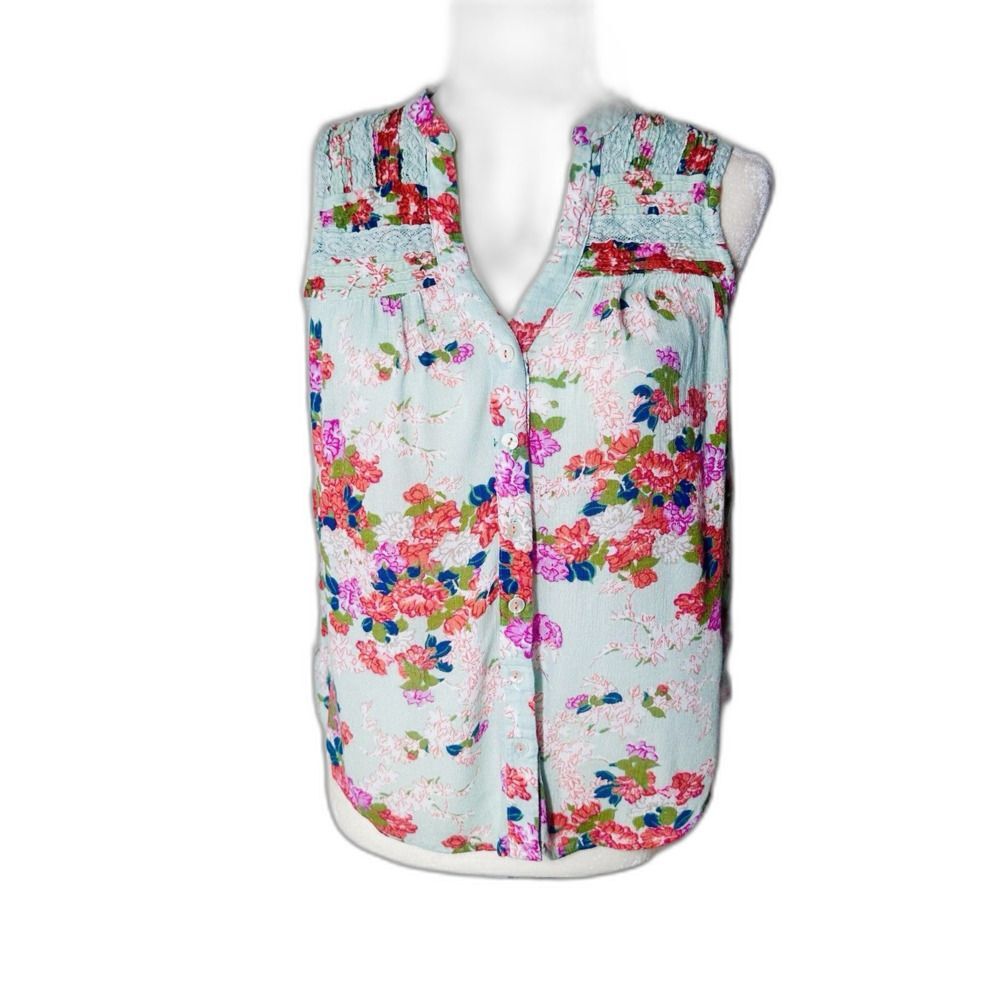ANTHROPOLOGIE Meadow Rue Floral Tank Blouse Sz S Floral Green Pink Peasant